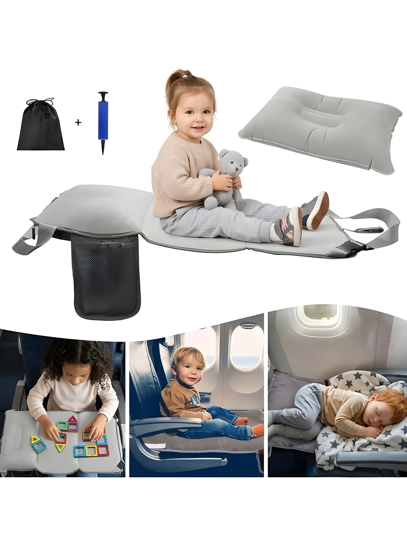 Beauenty Toddler Airplane Travel Bed Seat Extender with Inflatable Pillow (Grey, 77cm x 44cm) 0t4jc