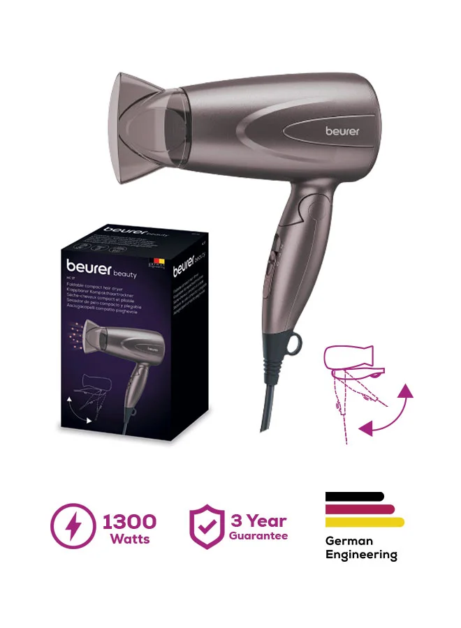 Beurer HC17 Compact Hair Dryer with Folding Handle, Lightweight Travel Hairdryer, 2 Heat and Speed Settings, 1300 Watts (1 Unit) 28jcd