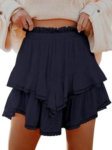 Aoudery Women Flowy Ruffle Skorts High Waist Boho Tiered Mini Skirt Shorts for Golf Tennis (Navy Blue, M) pzo5b