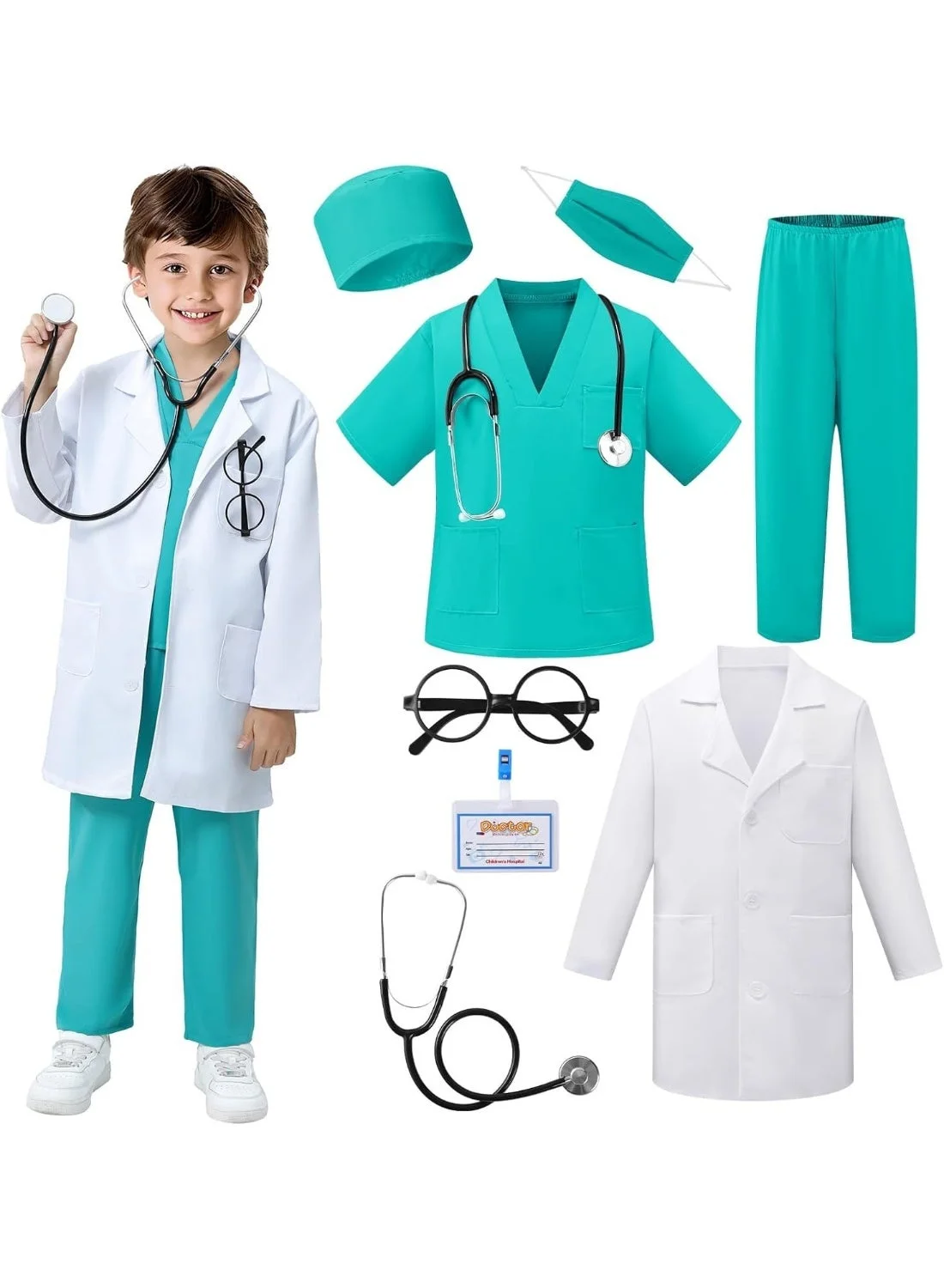Premium Doctor Costume Set for Kids Pretend Play Medical Scrubs with Accessories (8-Piece Set, 3-12 Years) 2pw2y