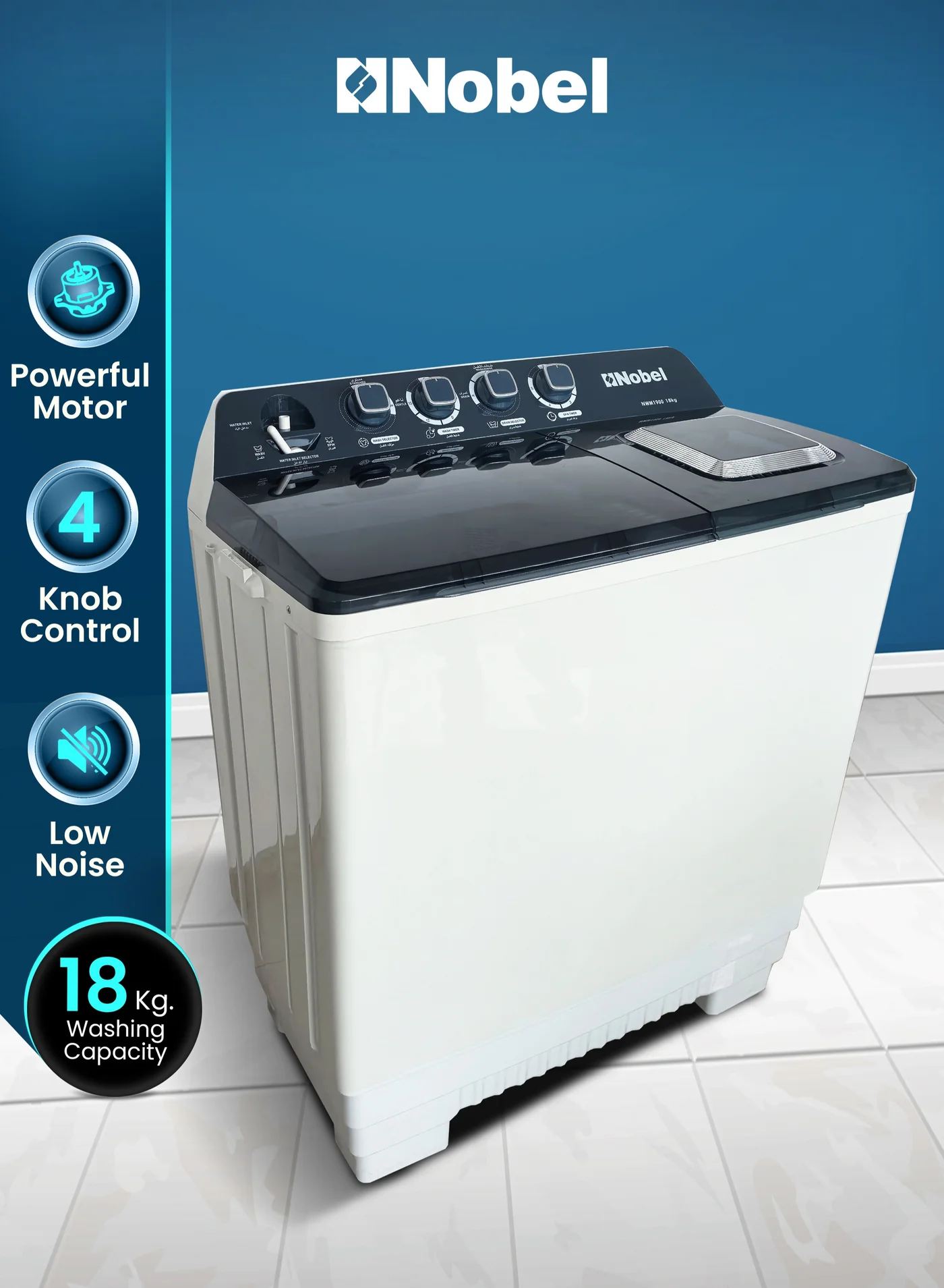 Nobel Semi-Automatic Twin Tub Washing Machine (18kg Wash / 8kg Spin Capacity, 830W, White, NWM1900) fj691