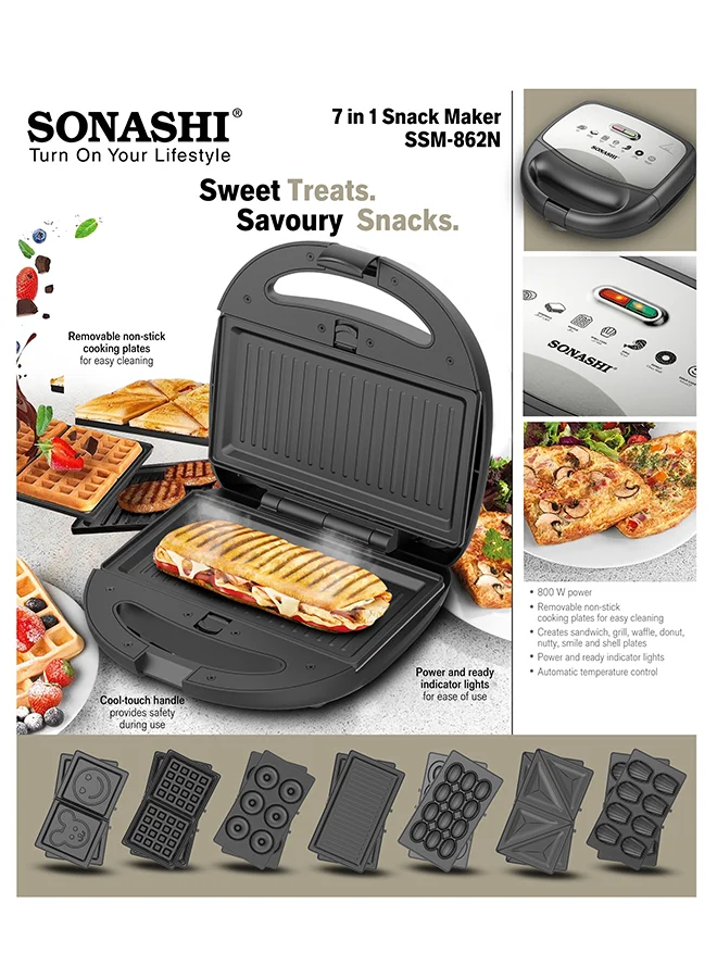 Premium 7-In-1 Multi Snack Maker with Detachable Non-Stick Plates for Sandwiches Waffles and Donuts (800 W, Black/Silver) 5qkgb