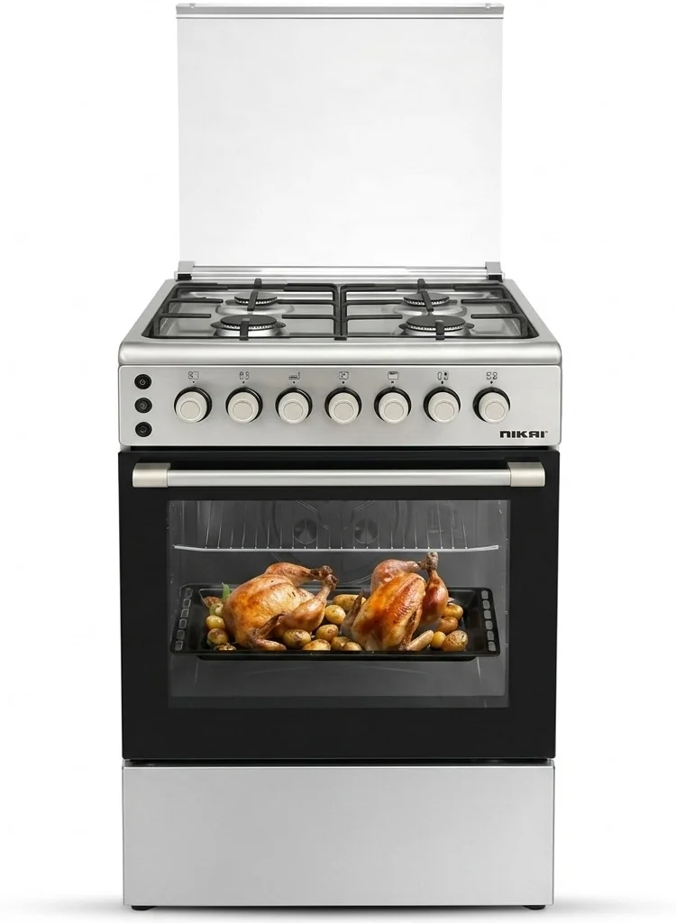 Nikai Freestanding Gas Cooker with 4 Burners and Oven Grill (Silver, 60x60 cm) cr6f7