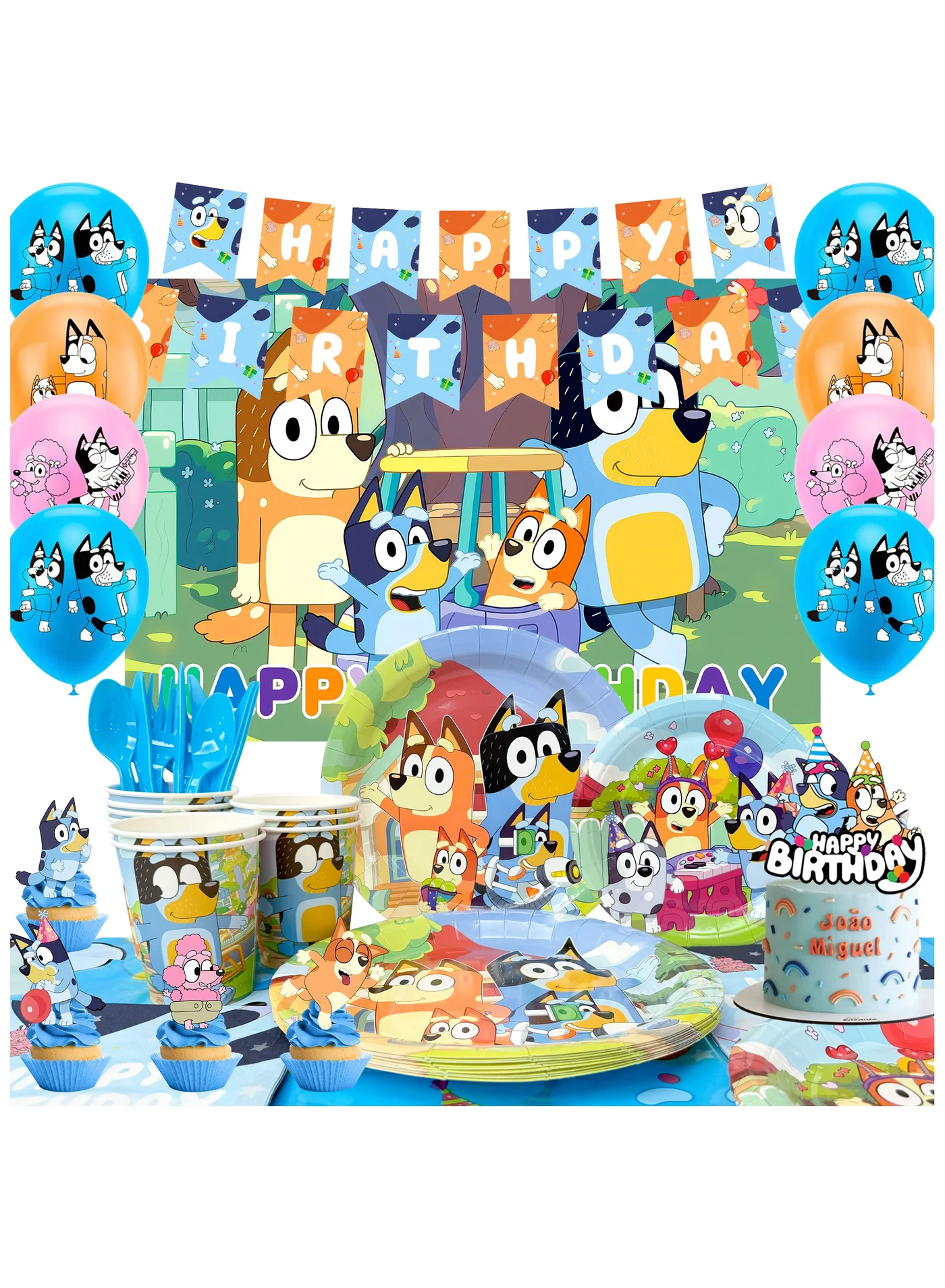 ILovhaprty Cartoon Character Birthday Party Supplies Set, Complete Tableware and Balloon Backdrop Decoration Kit for Kids (98 Pieces) 8kqbd