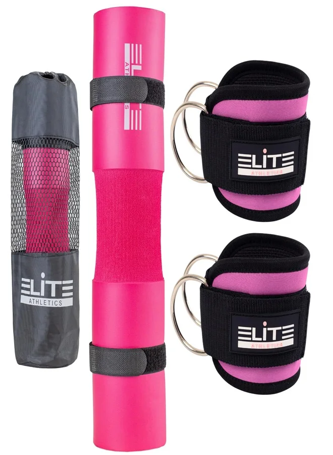 Elite Athletics Barbell Squat Pad and Gym Ankle Straps Set for Cable Machines with Carry Bag (Pink, One Size) 2fwgw