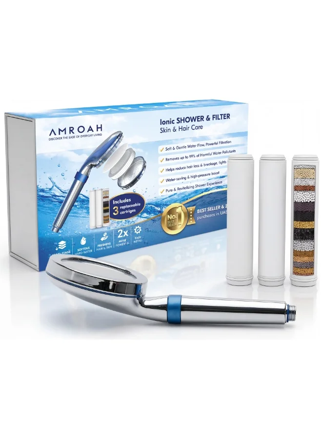 AMROAH Premium High Pressure Handheld Shower Head with 9-Layer Filtration System (Chrome, 3-Cartridge Set) nxba4