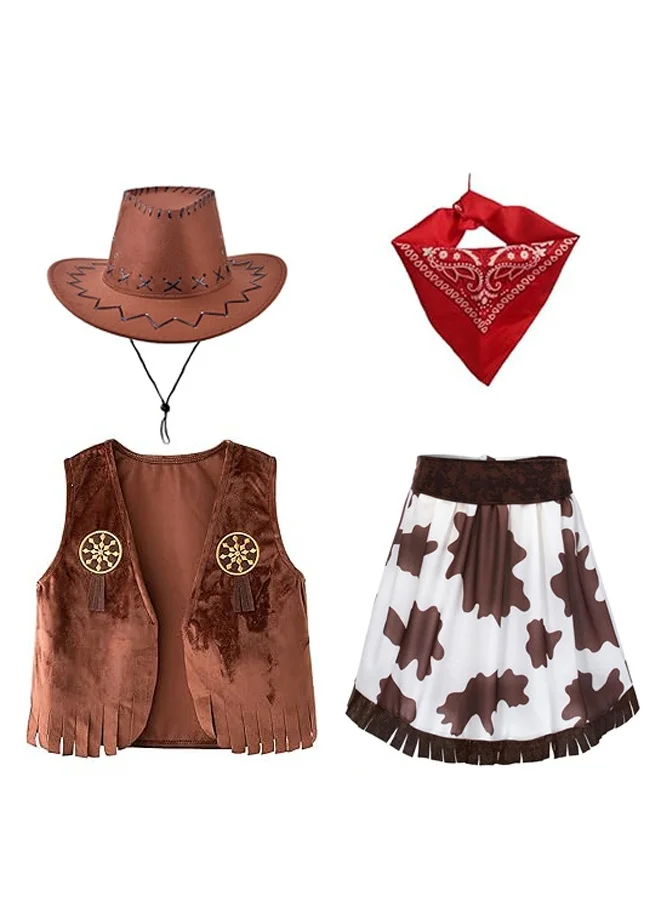 Halamodo Kids Cowboy Costume Set 4-Piece Dress Up Outfit with Vest Chaps Hat and Scarf for Role Play and Party (Size Kids) 1w4xj