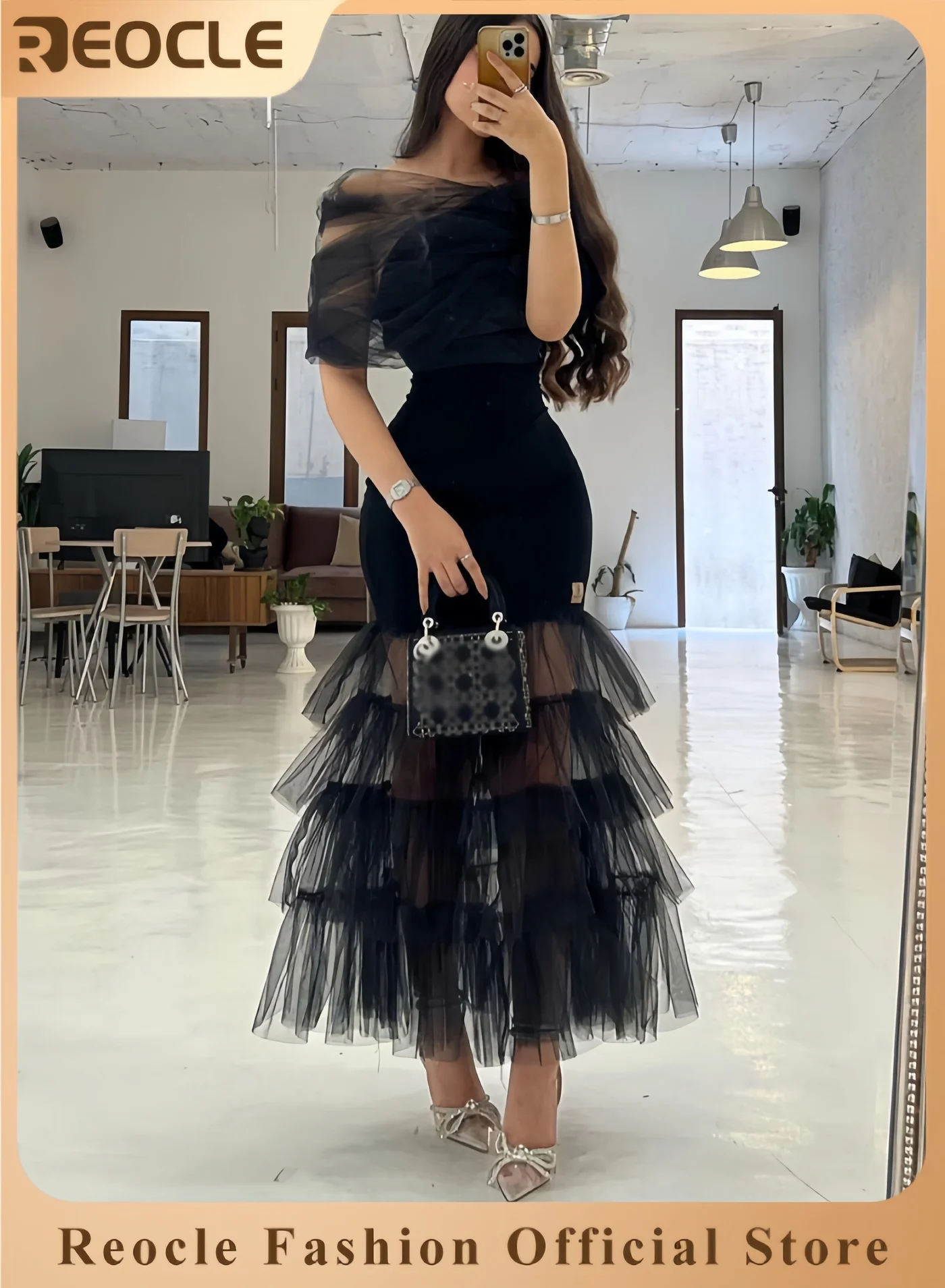 REOCLE Elegant Off-Shoulder Lace Mesh Maxi Dress Ruffled Banquet Gown for Women (One Size) y8axq