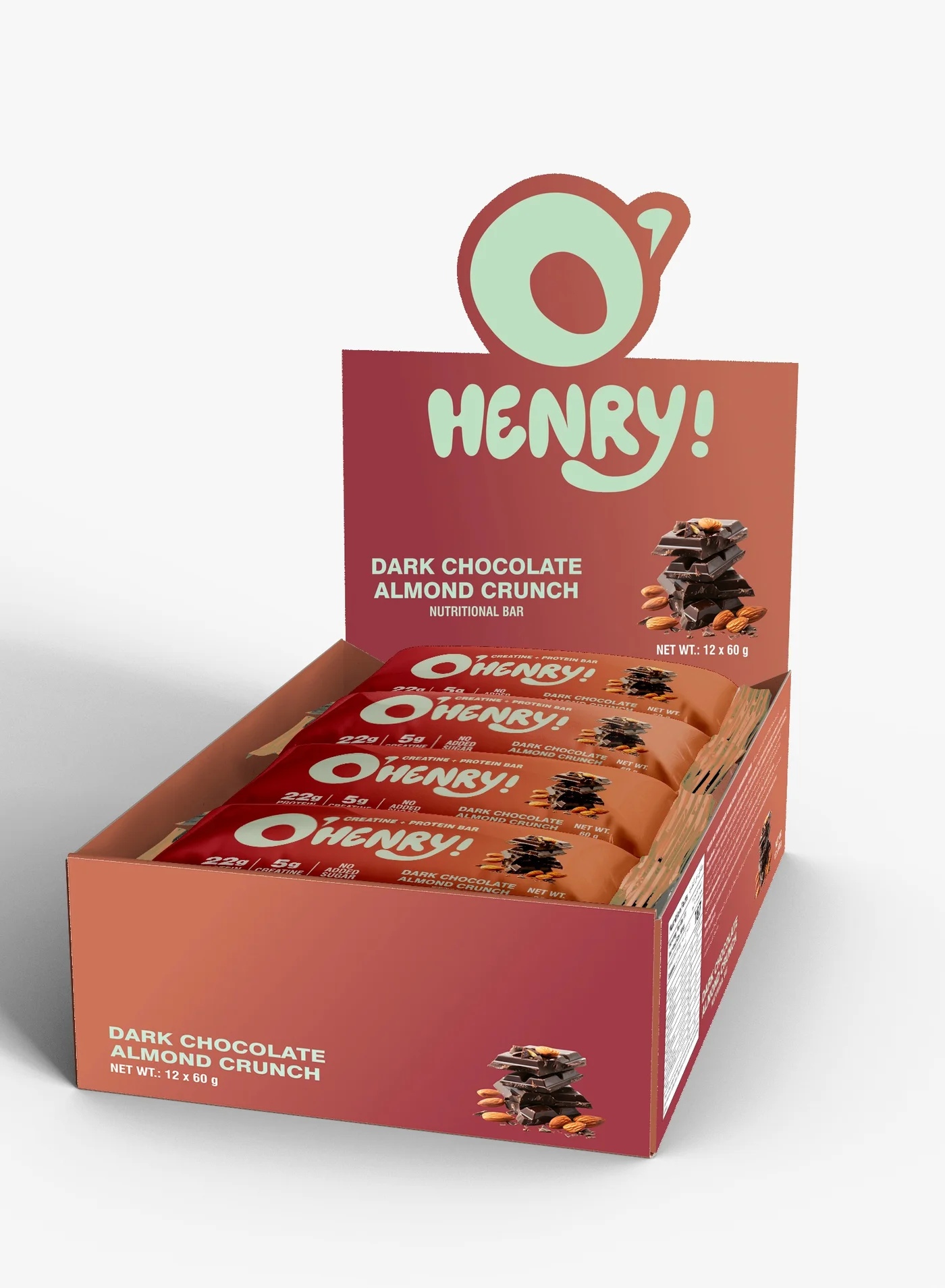 O'HENRY NUTRITION Creatine Protein Bar Dark Chocolate Almond Crunch (22g Protein, 12 x 60g) uputb