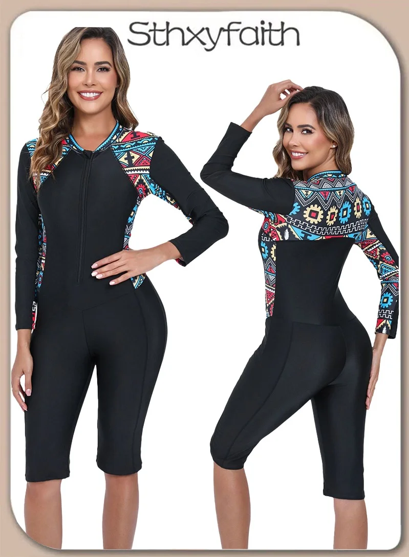Sthxyfaith Women One Piece Long Sleeve Rash Guard Swimsuit Athletic Surfing Wear (Black, Medium) b1syg