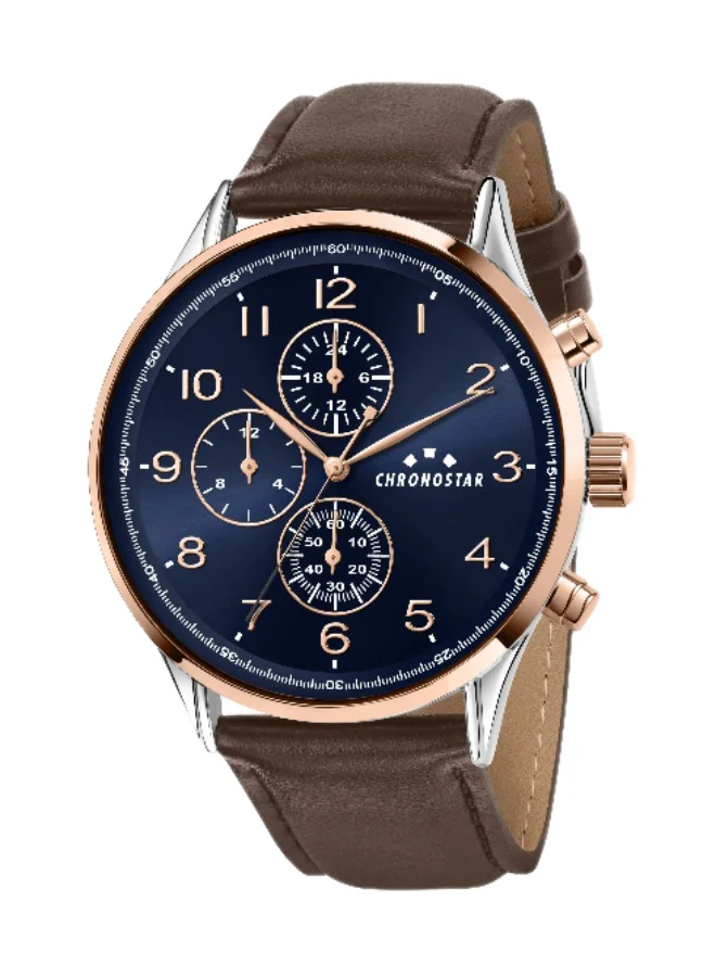Chronostar Men's Analog Quartz Watch with Blue Dial and Brown Leather Strap (44mm) dxlc1