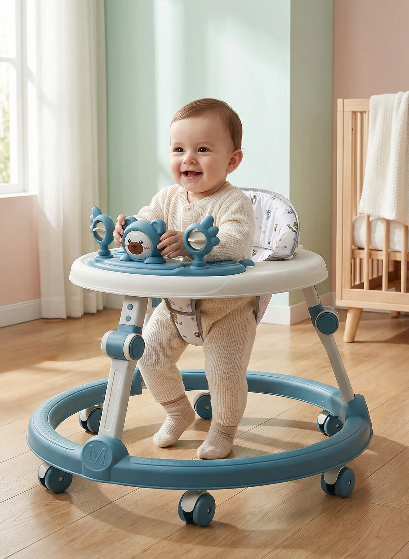 BAYBEE Foldable Baby Walker with Musical Toy Bar and Adjustable Height (Blue, 6-18 Months) nqna8