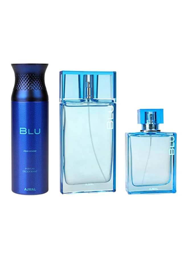 Ajmal Blu Fragrance Gift Set for Men (3-Piece Set, 200 mL Deodorant, 90 mL Body Spray, 100 mL Cologne) kgxzg