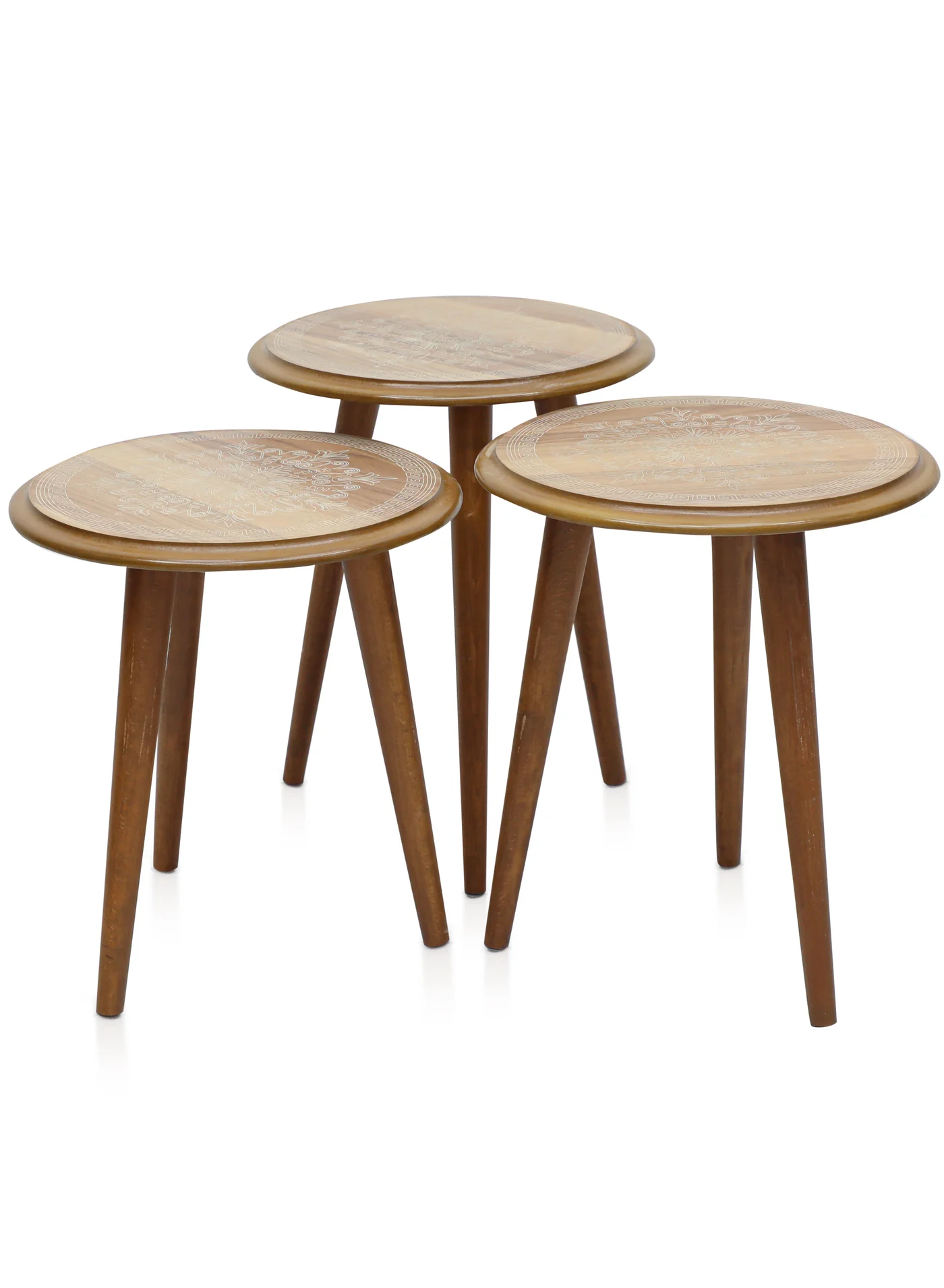 Premium Nesting Table Set of 3 Round Coffee Tables with Greek Floral Design (Brown, 3-Piece Set) 6mmkw