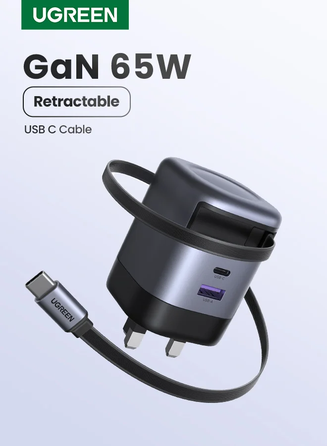 Premium 65W GaN Fast Wall Charger 2C1A USB-C Adapter with Retractable 0.69m Cable for Laptops and Smartphones (Space Grey) gdd9f