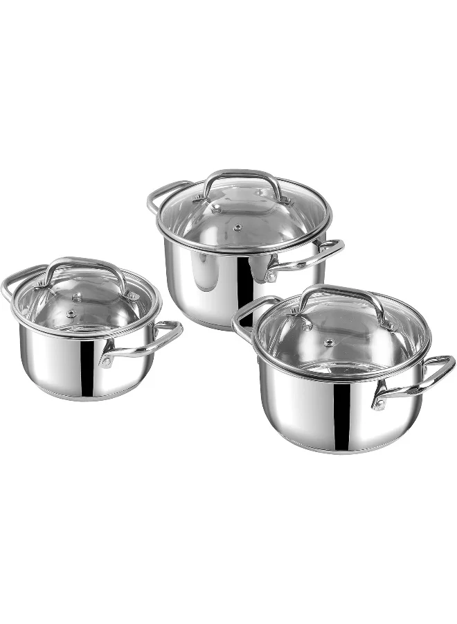 Mainz Stainless Steel Cookware Set (3-Piece) Premium Induction-Compatible Saucepot Collection with Glass Lids (1.2L, 2L, 2.7L) v3q2b