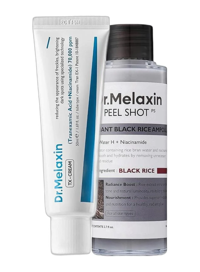 Dr. Melaxin Brightening Duo Set (Black Rice Peeling Ampoule 80ml + TX Tranexamic Acid Cream 50ml) Premium Skincare for Radiant Complexion 2cltd
