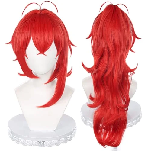 Premium Anime Cosplay Wig Long Wavy High Ponytail with Bangs Bright Red (Adult, 65 cm) bkb7x