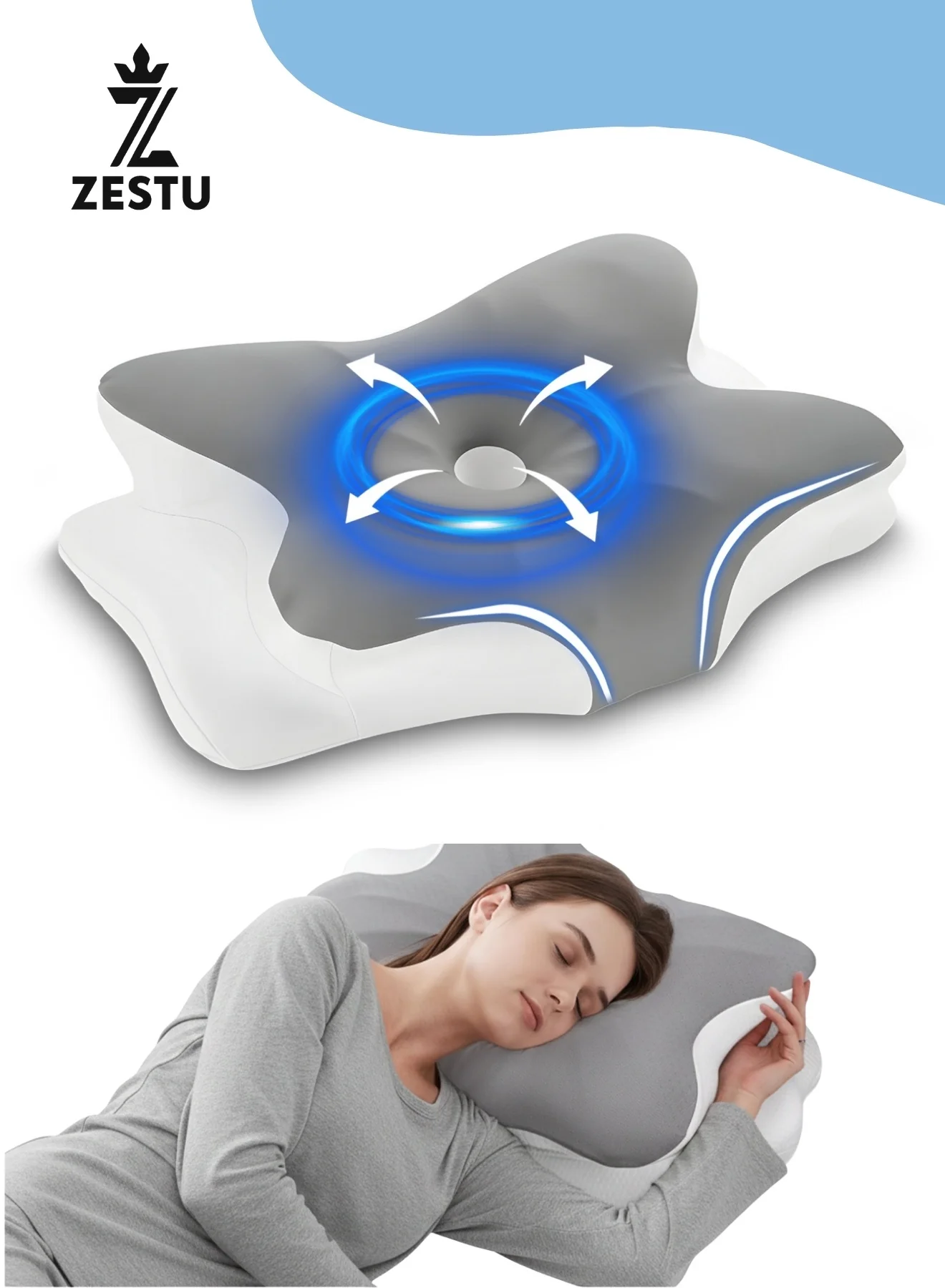 ZESTU Orthopedic Memory Foam Pillow Ergonomic Cervical Neck Support Cooling Contoured Design for Sleep Comfort (Standard Size) wly02