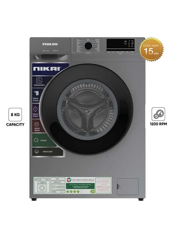 Nikai 8kg Front Load Washing Machine with 1200 RPM Inverter Motor and Steam Wash (Silver, 8 kg) jgaus