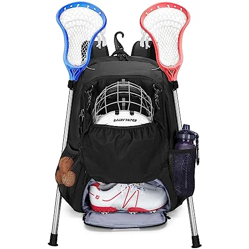 GOBUROS Lacrosse Equipment Backpack with Stick Holder and Ventilated Shoe Compartment (Black, Large) er5md