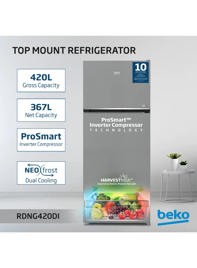 Beko Double Door Refrigerator Top Mount No Frost 367L Capacity (Silver) tzi9o
