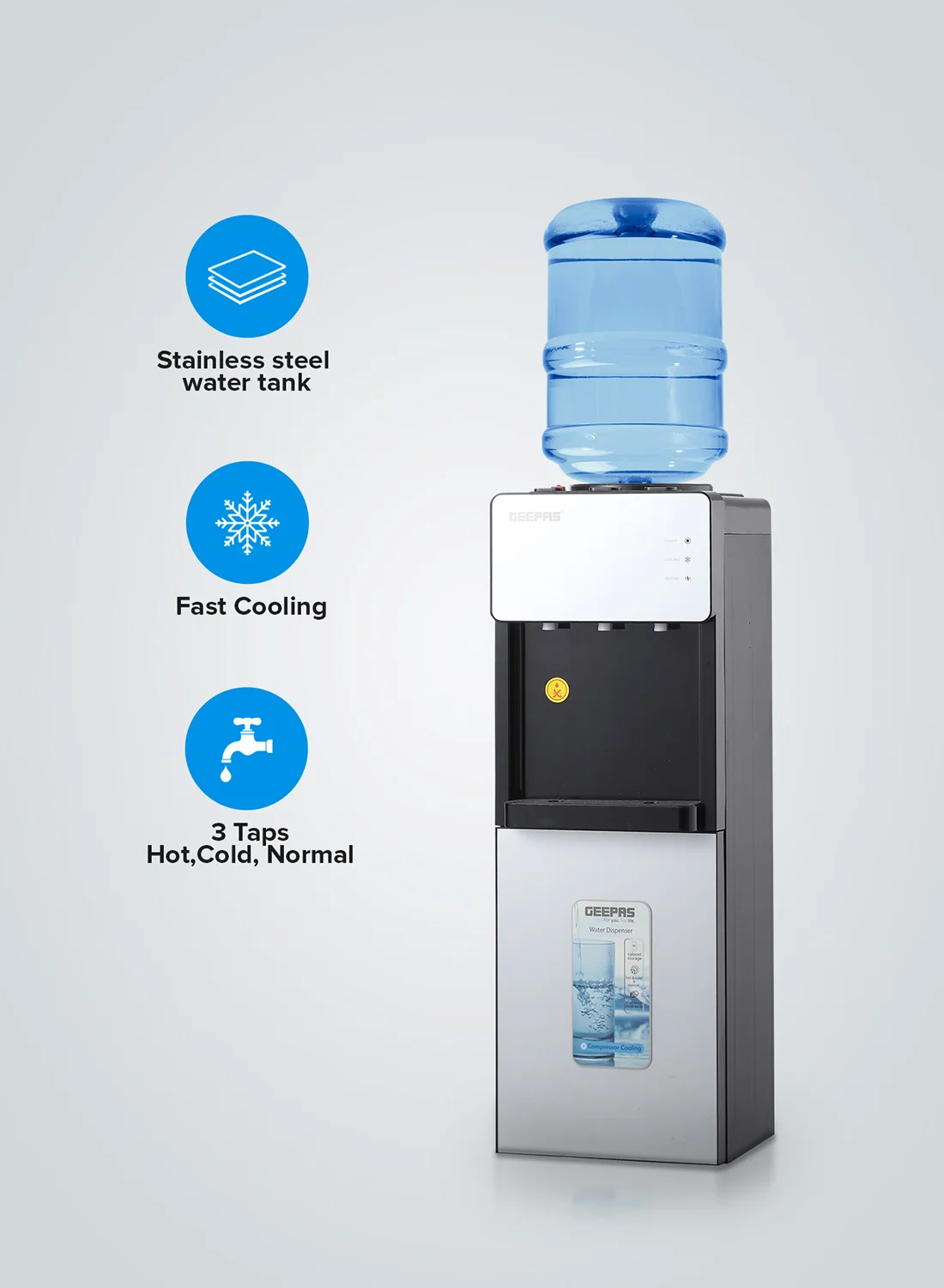 Geepas Top Loaded Water Dispenser with Cabinet (3 Taps, Hot/Cold/Normal, White) t0m9p