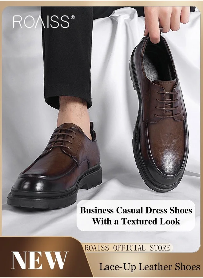 Roaiss Formal Business Leather Shoes for Men Premium Round Toe Lace-up Lightweight Driving Footwear (Brown) kmbh3