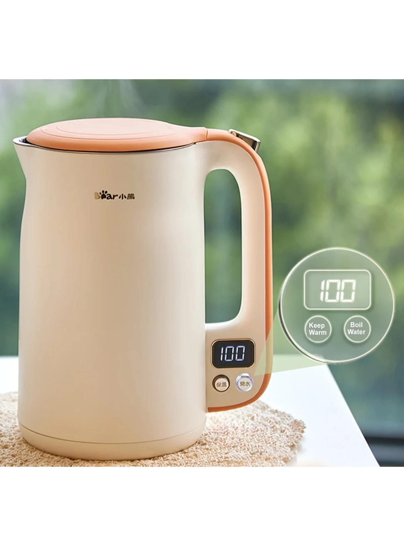 Premium Electric Kettle with 11 Temperature Settings 304 Stainless Steel 1500W LCD Display (Beige, 1.7L) fay1s