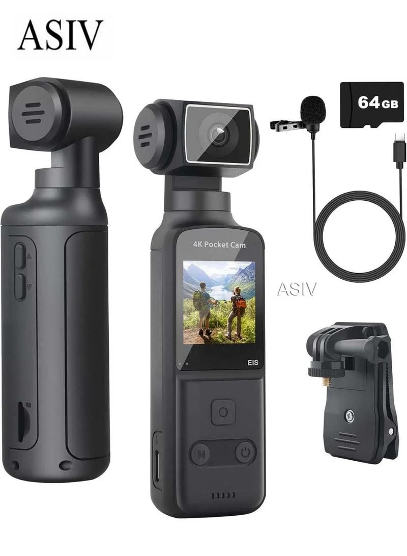 ASIV 4K HD Action Camera 270¡ã Rotatable Wide Angle Waterproof Sports Cam with 64GB Card (1000mAh, Black) 4xgoh