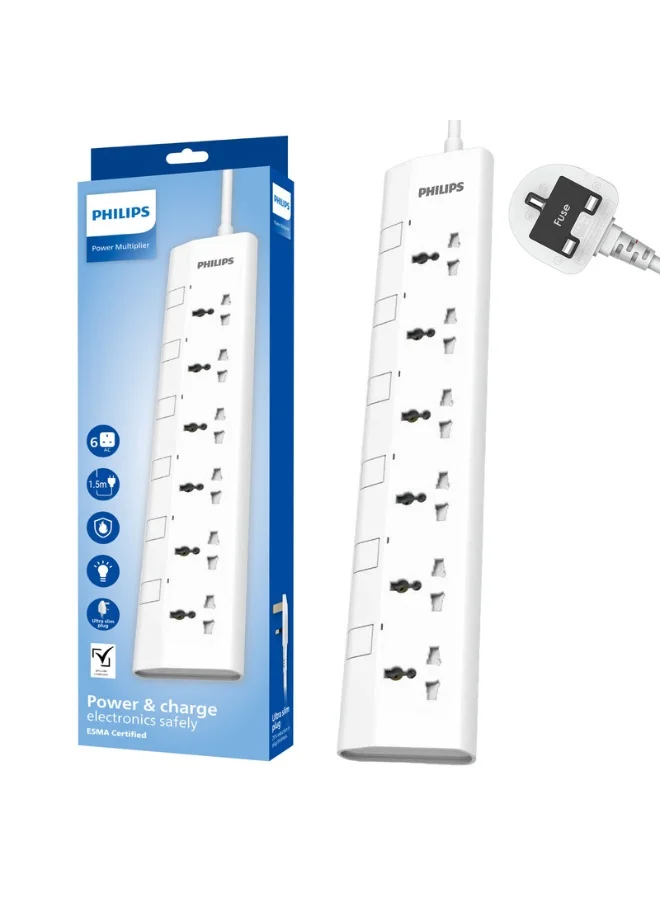 Professional 6-Way Universal Power Extension Cord with Individual Switches, Heavy-Duty Fire-Resistant Cable, UK Plug (White, 1.5m) augvy