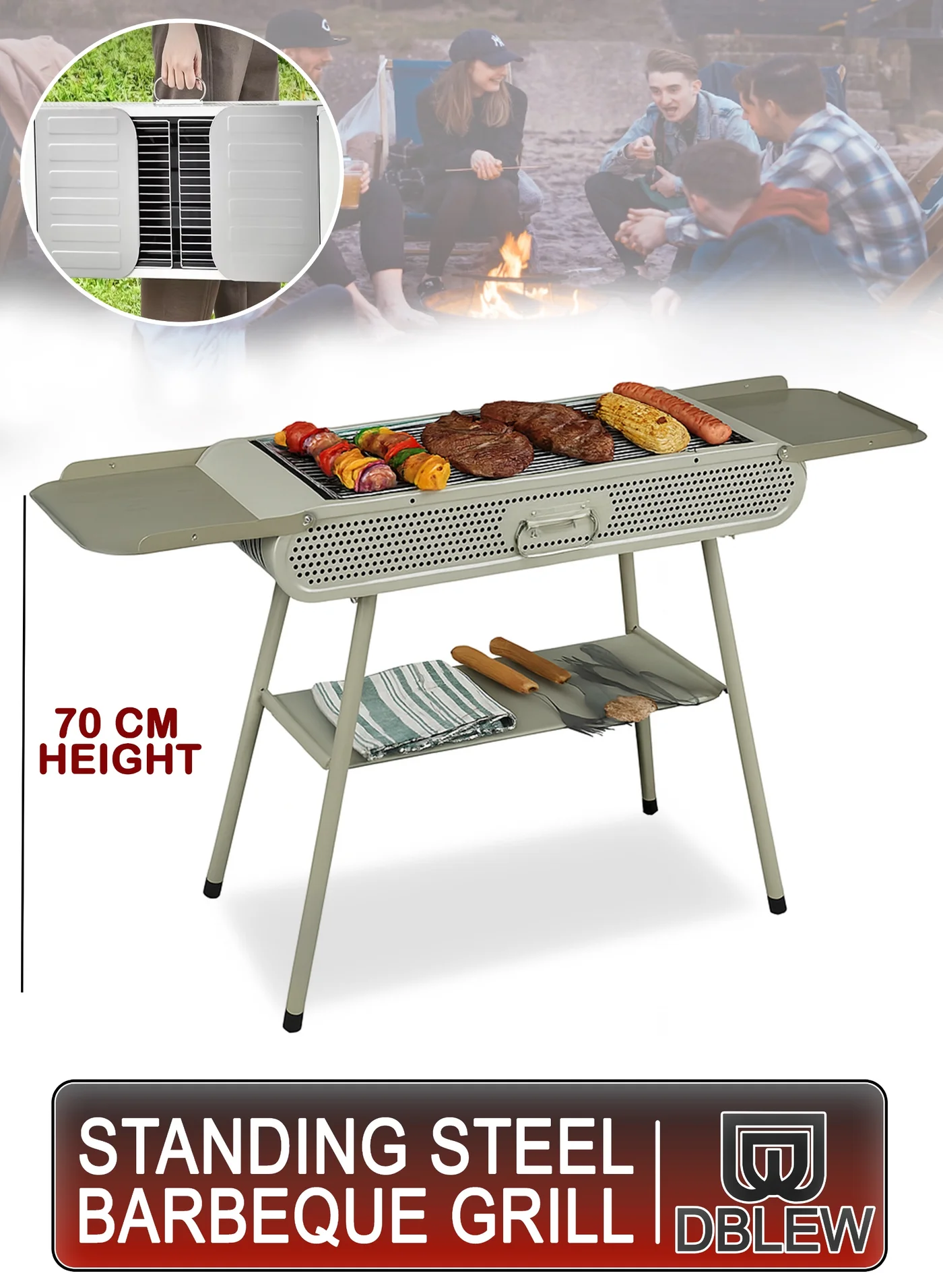 DBLEW Foldable Steel BBQ Grill with Side Trays and Bottom Shelf (Portable Charcoal Grill for Outdoor Camping and Backyard, 122x30x70 cm) yx8ya