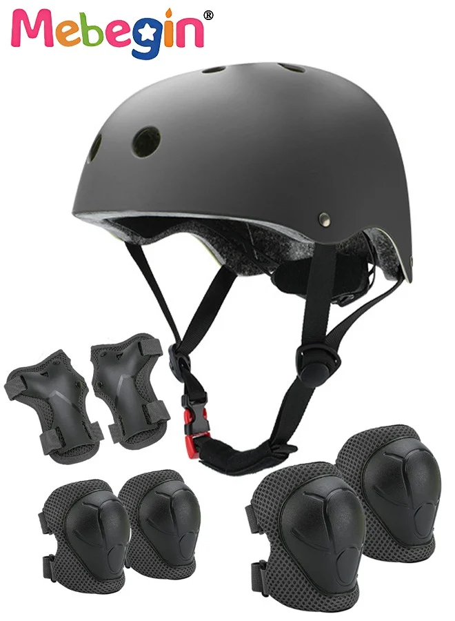 MEBEGIN 7 Pcs Multi-Sport Protective Gear Set with Adjustable Helmet Knee Elbow Pads and Wrist Guards (Black, One Size) eedub