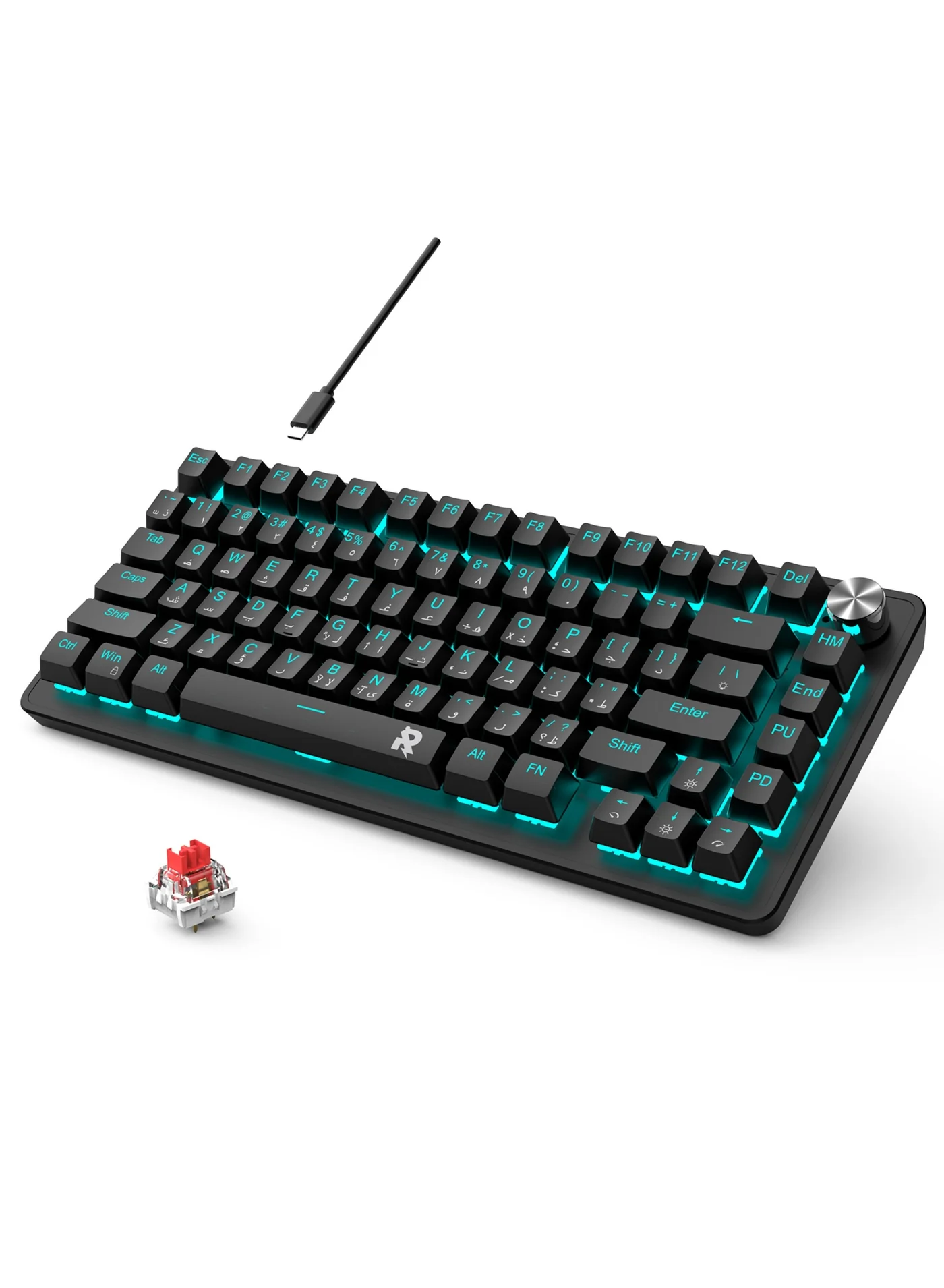 ROCK POW 70% Mechanical Gaming Keyboard, Arabic English Layout, 82 Keys, Ice Blue Backlit, Volume Knob, Wired PBT Keycaps (Black, 82 Keys) wmup2