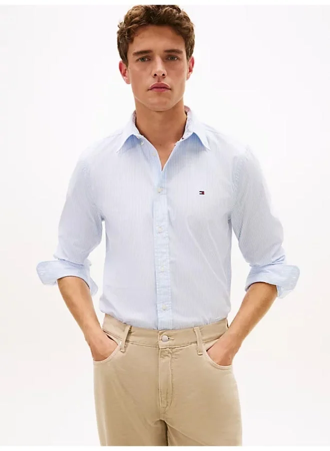 Premium Regular Fit Stripe Shirt Breathable Cotton Blend Long Sleeve For Men (Blue, Large) tb5v4