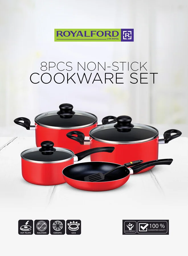 Royalford 8-Piece Non-Stick Aluminium Cookware Set with Tempered Glass Lids and Heat-Resistant Handles (Red, 2.5mm Thickness) 59u27