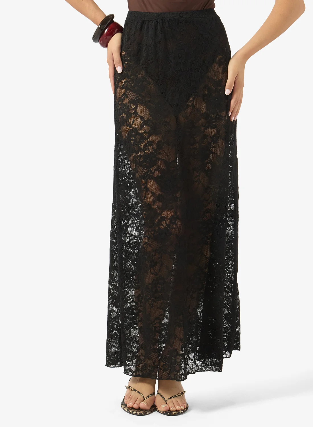 Ginger Lace Sheer Maxi Skirt Elegant High-Waisted Flowy Floor-Length Skirt for Women (Black, Medium) ytz4b