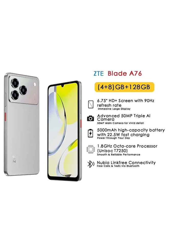 ZTE Blade A76 Smartphone 4G Dual SIM 128GB Storage 12GB RAM 6.75-inch Display (Polar Gray) mnaax