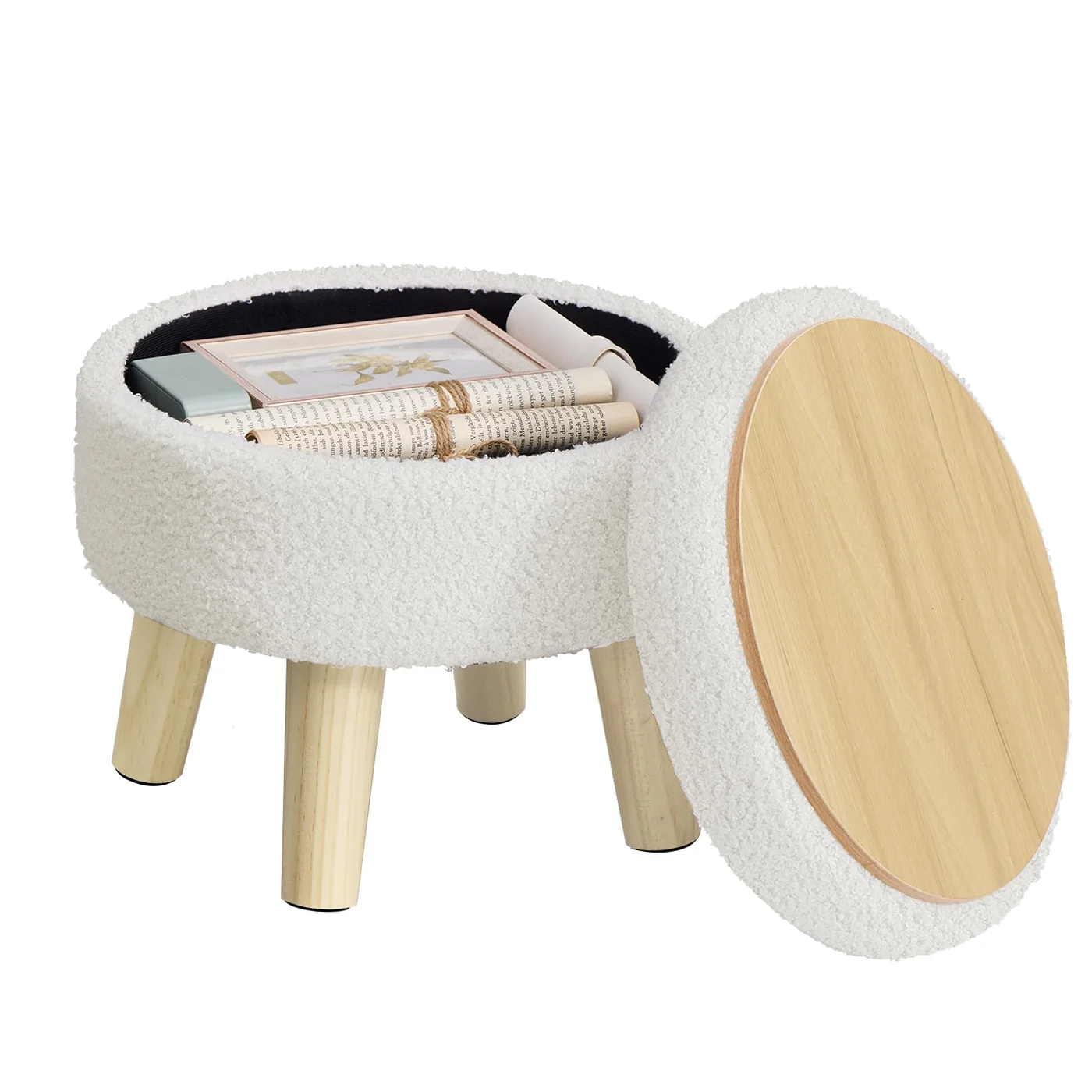 Premium Round Storage Ottoman with Teddy Fleece Upholstery and Solid Wood Legs (White, 31 cm) 4a5iu
