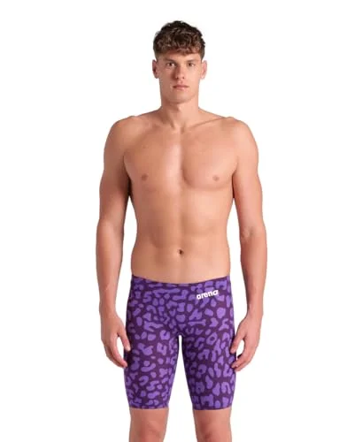 Premium Competitive Racing Swimsuit Men's Tech Suit Endurance Swimwear (Leopard Print Violet, Size 32) ymv90