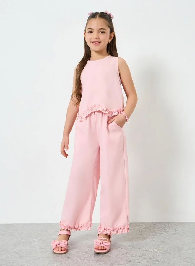 Styli Girls Pink Ruffle Trim Top and Wide-Leg Pants Set (Kids) 6c7u3