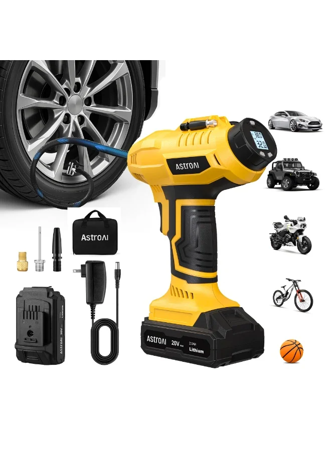 Portable Cordless Tire Inflator Air Compressor 160PSI Digital Pressure Gauge with 20V Rechargeable Battery and 12V Car Adapter (Yellow) ncass