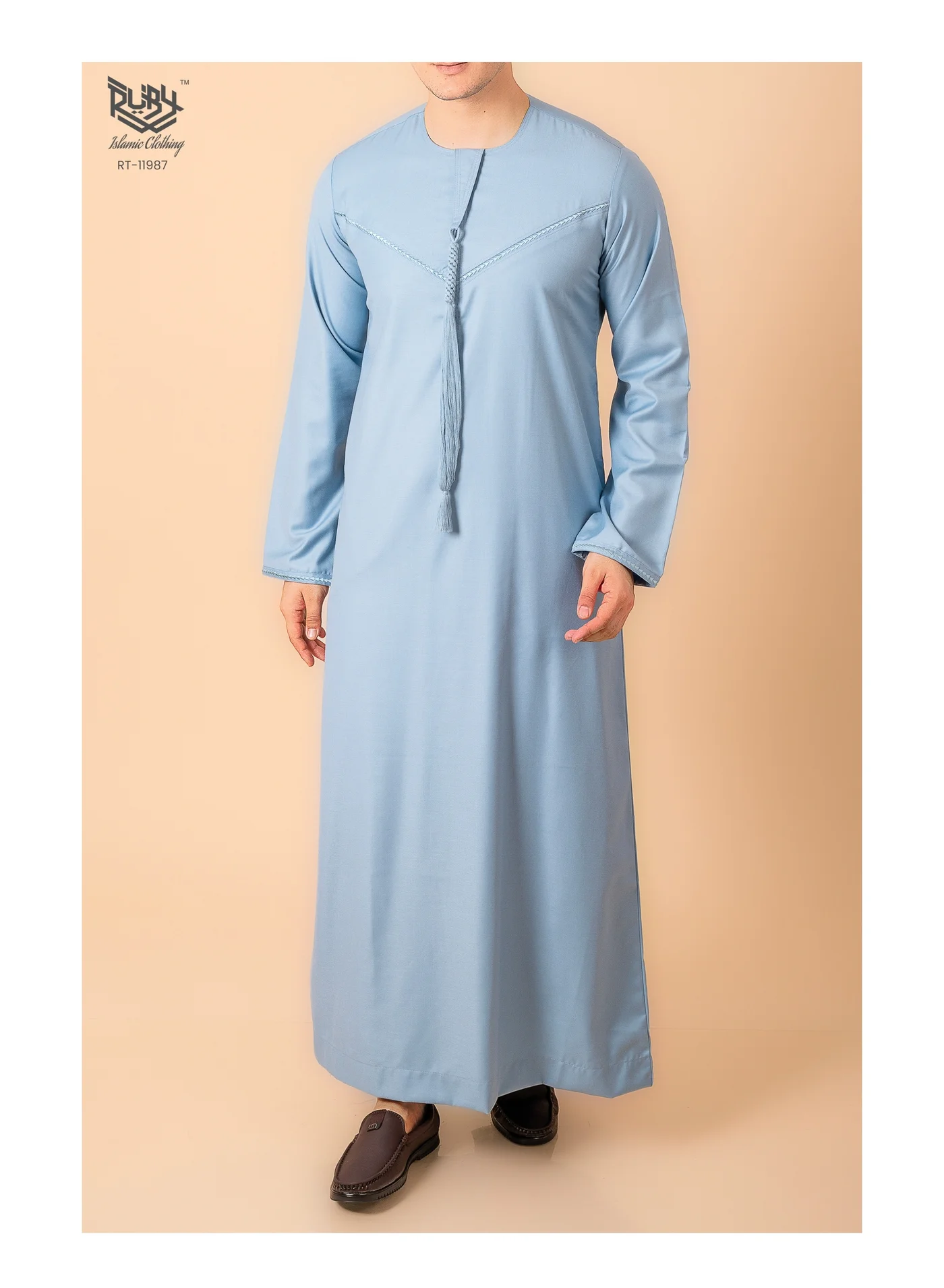 RUBY ISLAMIC CLOTHING Emirati Thobe for Men Premium Poly Viscose Embroidered Kaftan with Zipper (Sky Blue, Large) yeg1z