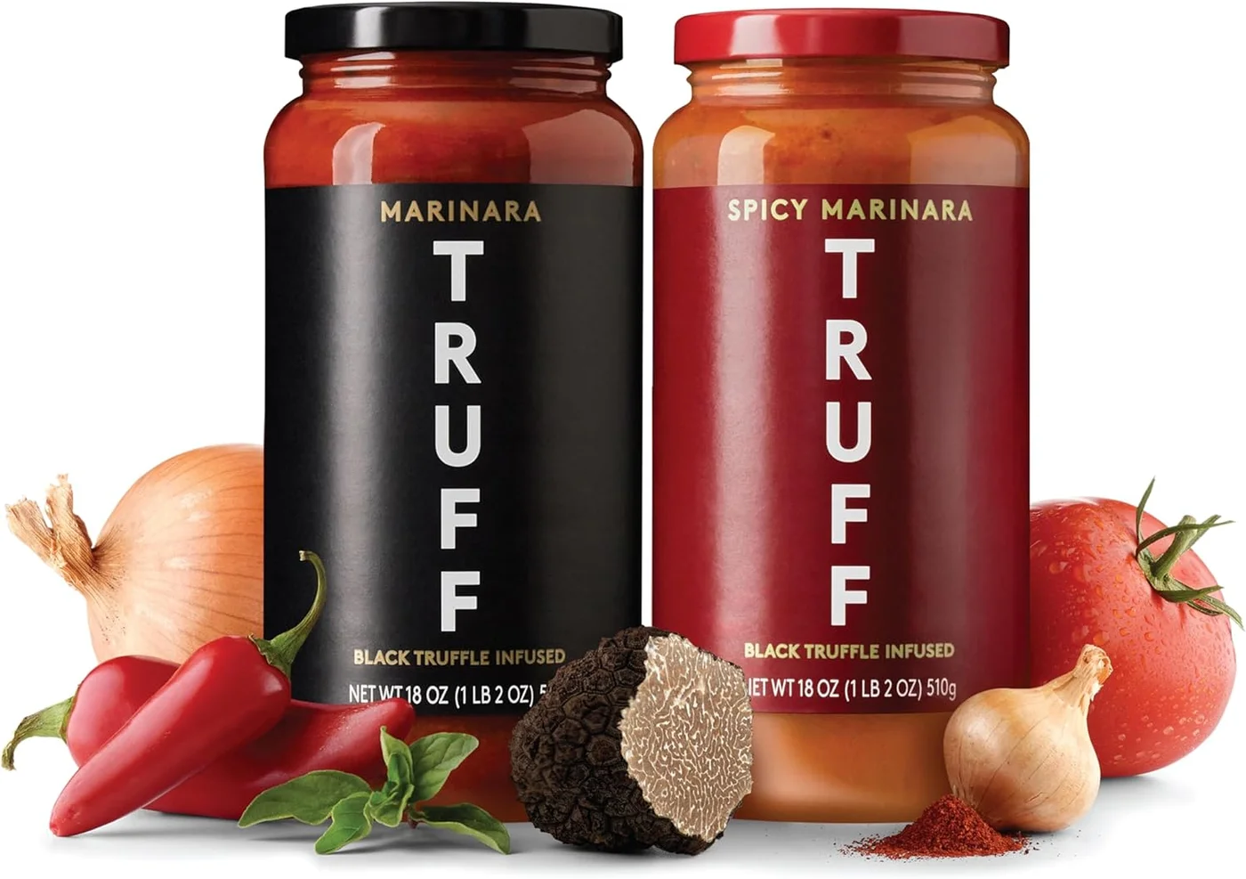Premium Truffle Pasta Sauce Bundle - Black Truffle Marinara and Spicy Marinara - Gourmet Vegan Cooking Set (2 Jars, 510 g) 4810h