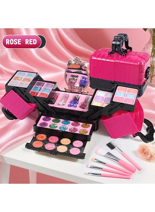Beauenty Kids Makeup Kit Washable Cosmetic Set with Portable Vanity Case for Girls (Rose Red, 1 Set) 2fu3s