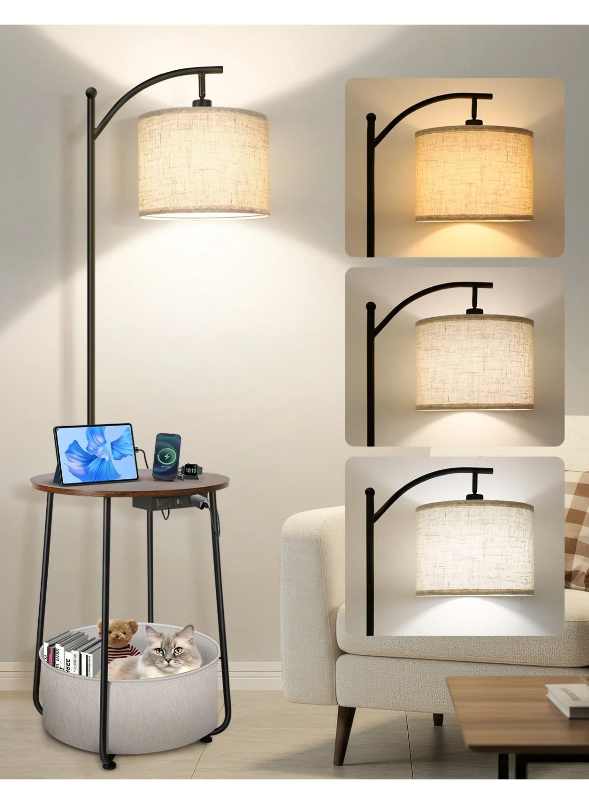 OUTON Floor Lamp with Integrated Side Table and Drawer, Dimmable LED Lighting with Type-C Charging Port and AC Outlet for Living Room (Black, 160 cm) qhgbi