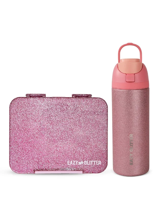 Eazy Kids Stainless Steel Water Bottle and Convertible Bento Lunch Box Set (Glitter Pink, 720 mL) rleb4