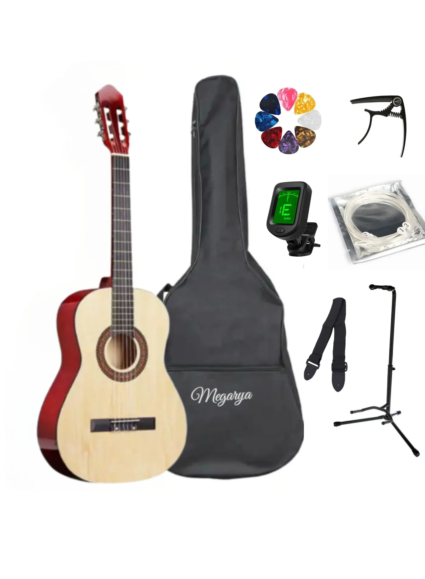 Megarya 38-Inch Classical Acoustic Guitar Set with Nylon Strings and Starter Accessories (Natural, 96 cm) lnq1a