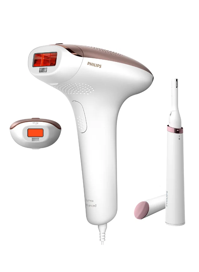 Professional IPL Hair Removal Device with Skintone Sensor and 2 Attachments for Body and Face (White/Rose Gold) 8xmyx