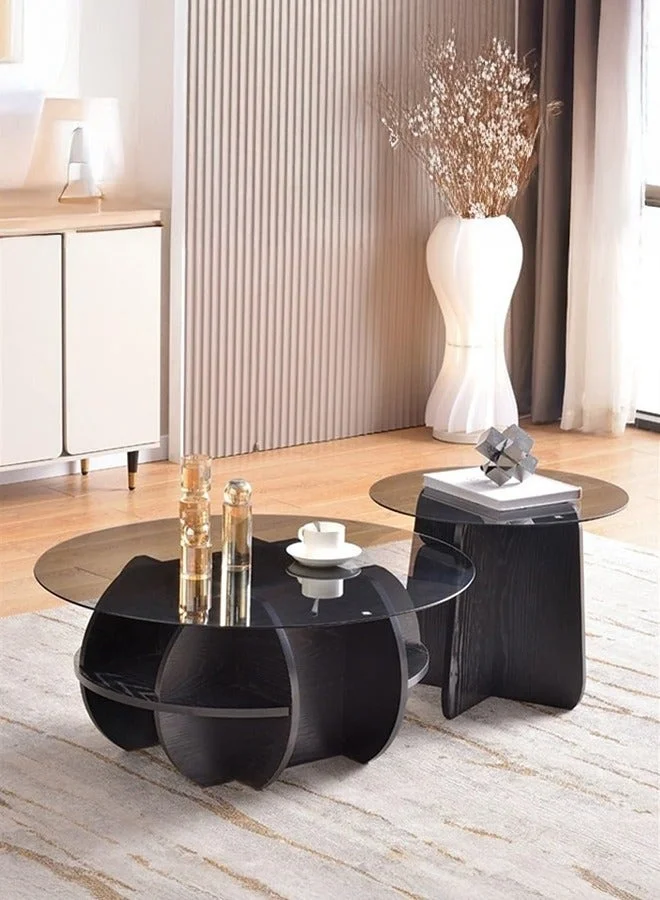 WALALLA Modern Round Nesting Coffee Table Set with Glass Top and Storage (Black, 70cm and 50cm) mtcrn